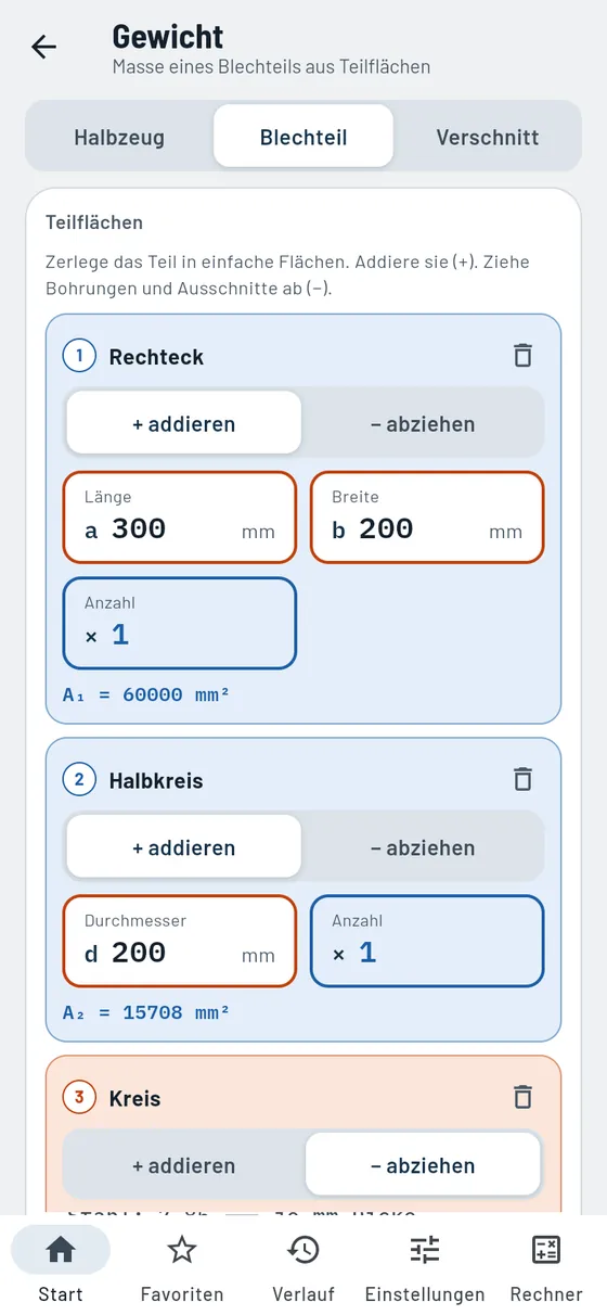 Gesello: Gewichte – Blechteil aus Teilflächen