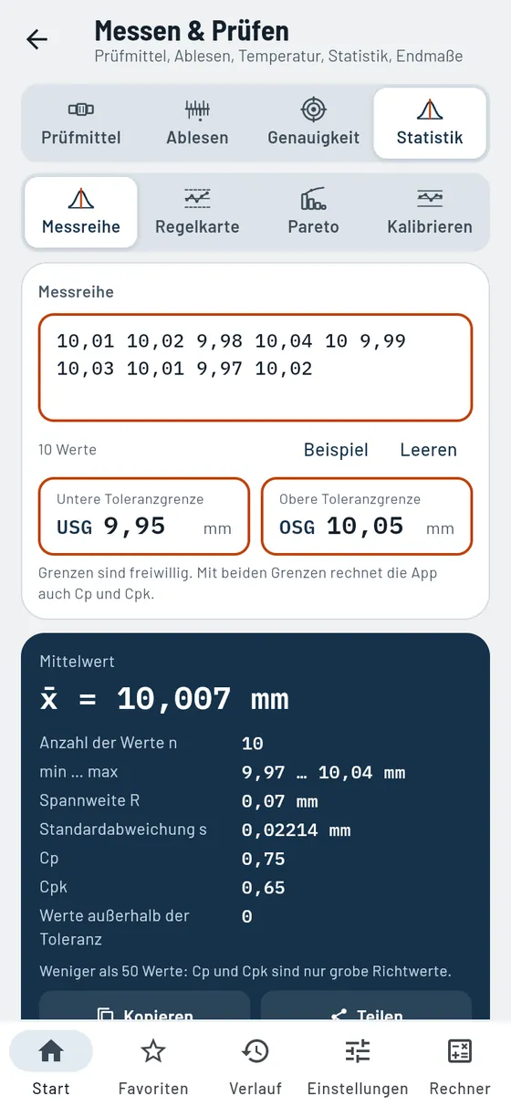 Gesello: Messen & Prüfen – Messreihe mit Cp und Cpk