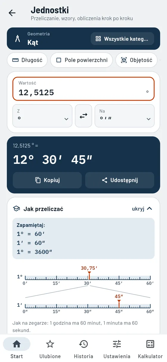 Gesello: Jednostki – kąt w stopniach, minutach, sekundach