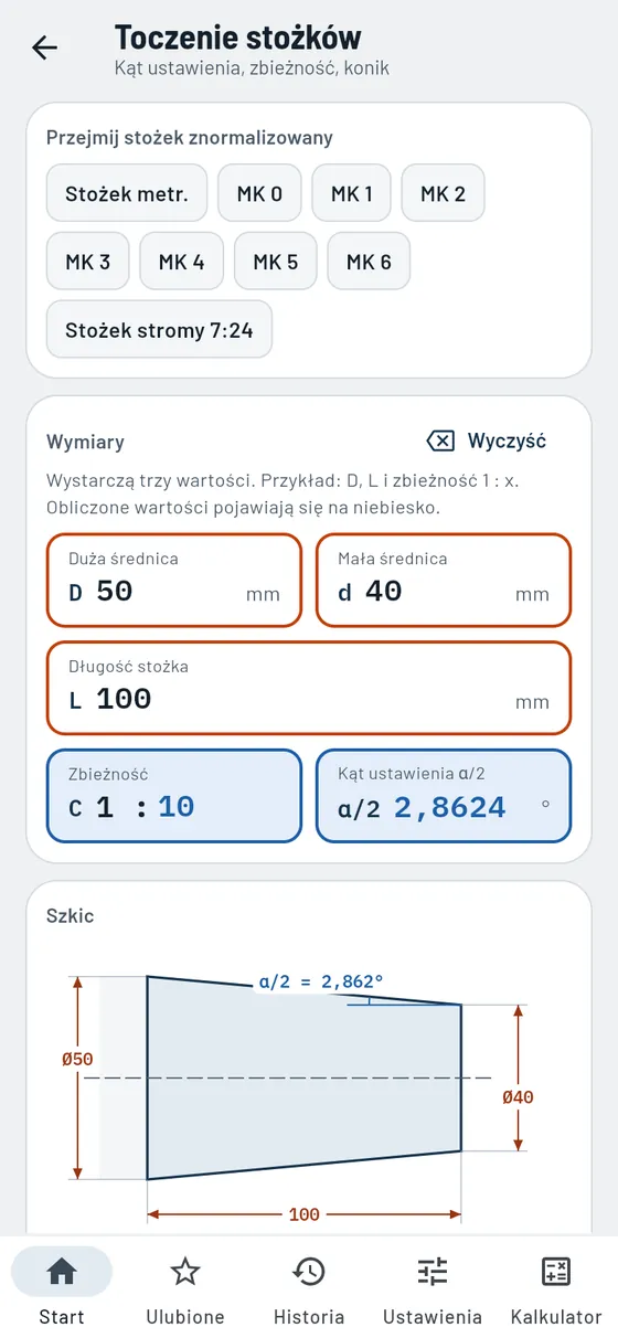 Gesello: Toczenie stożków – obliczanie stożka