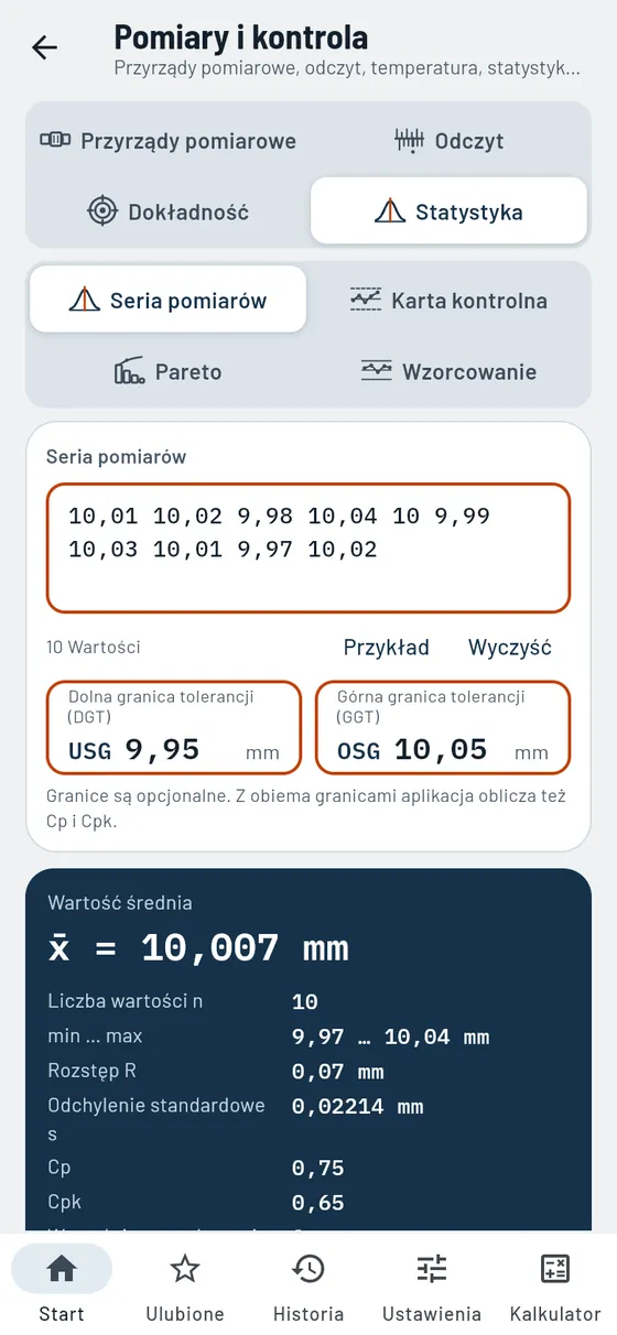 Gesello: seria pomiarowa z Cpk