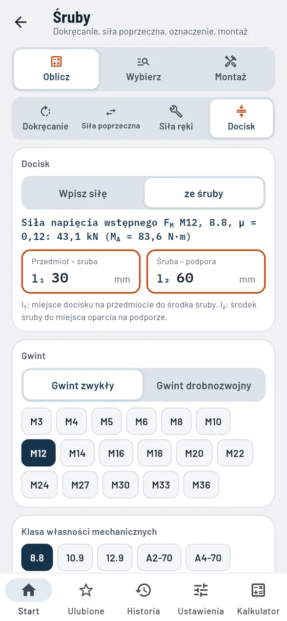 Gesello: śruby – długość zacisku i siły
