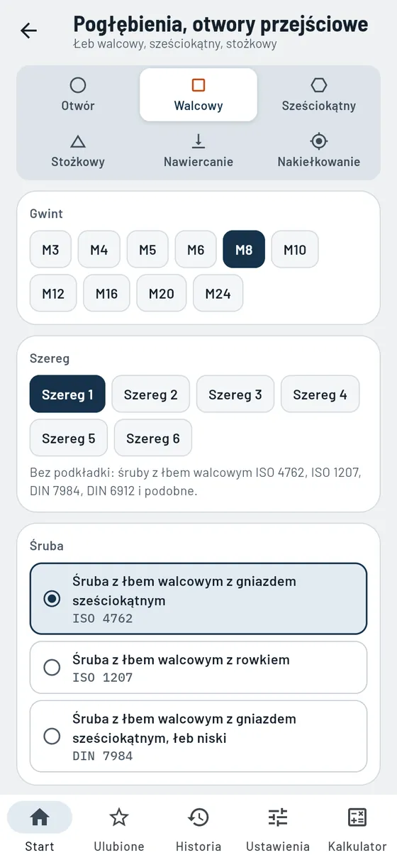 Gesello: pogłębienia i otwory przejściowe – pogłębienie walcowe M8