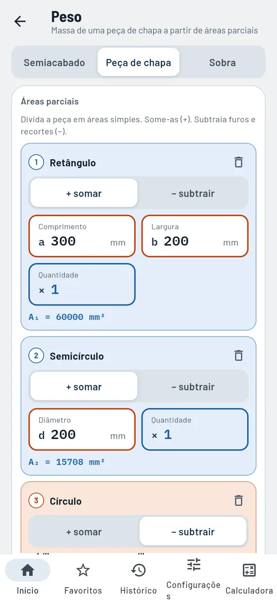 Gesello: Pesos – Peça de chapa a partir de áreas parciais