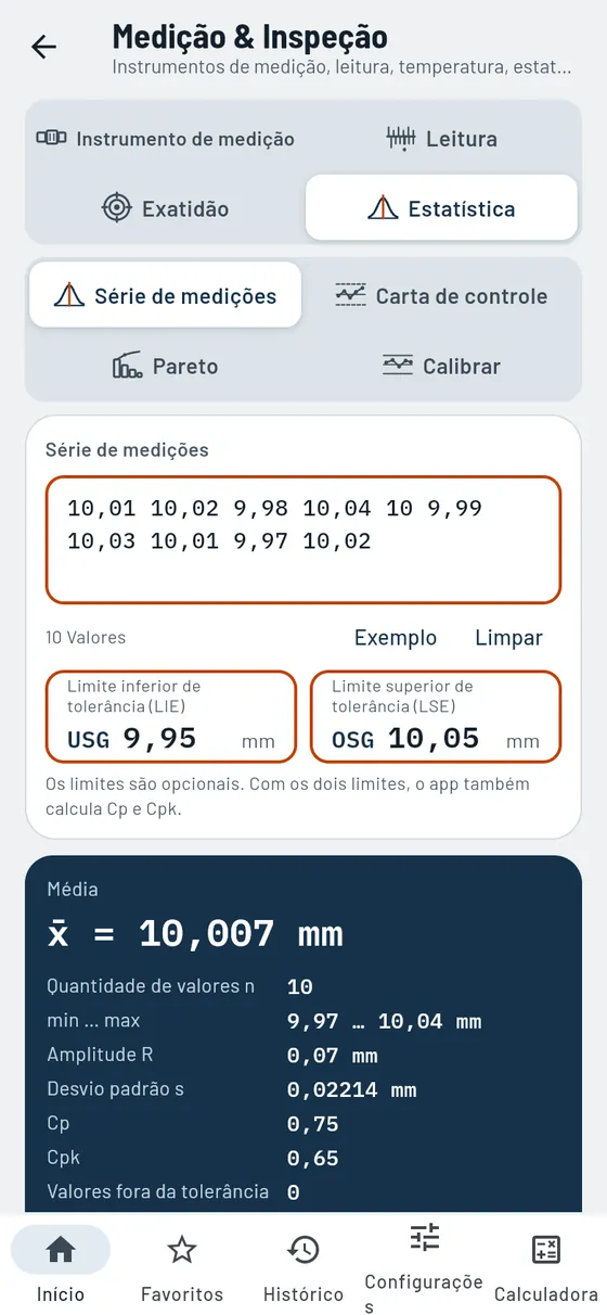 Gesello: série de medição com Cpk
