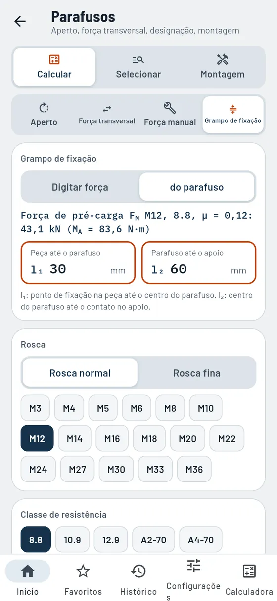 Gesello: parafusos – comprimento de aperto e forças