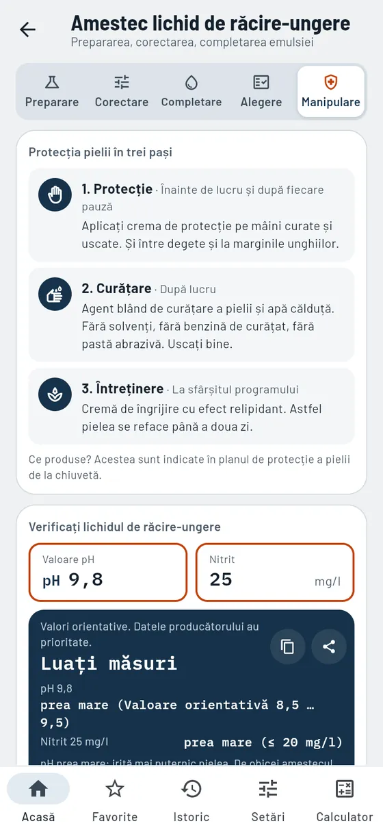 Gesello: Lichid de răcire-ungere – Întreținere și valori de control