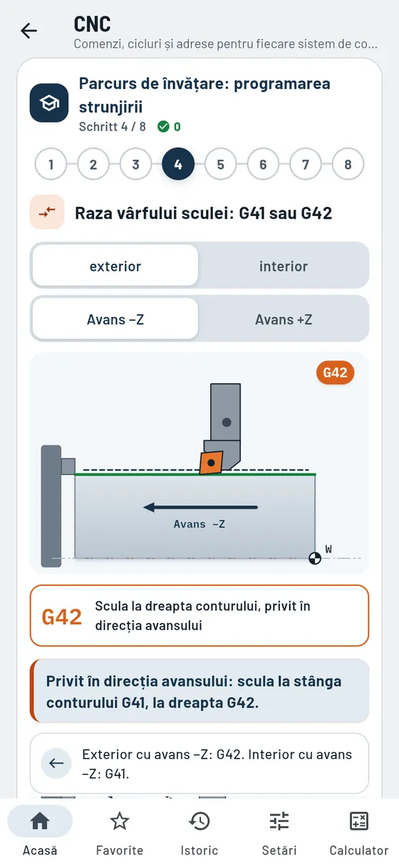 Gesello: corecția razei vârfului sculei G41 sau G42 la strunjire, exterior cu avans în minus Z