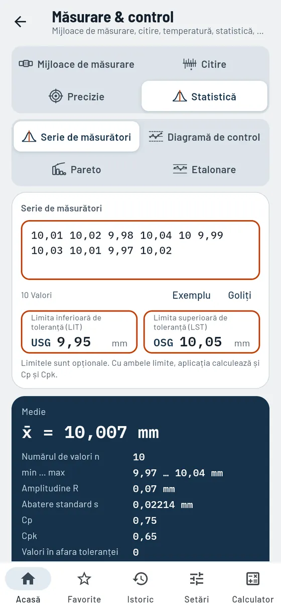Gesello: serie de măsurători cu Cpk