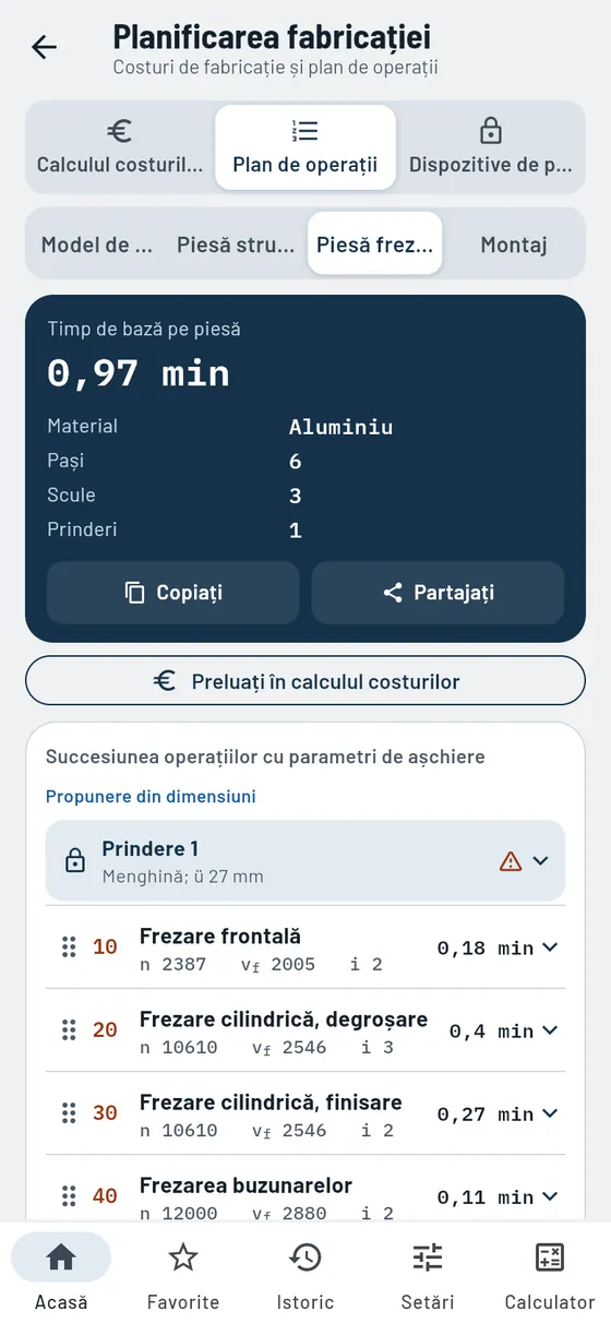 Gesello: Planificarea fabricației – Plan de operații piesă frezată