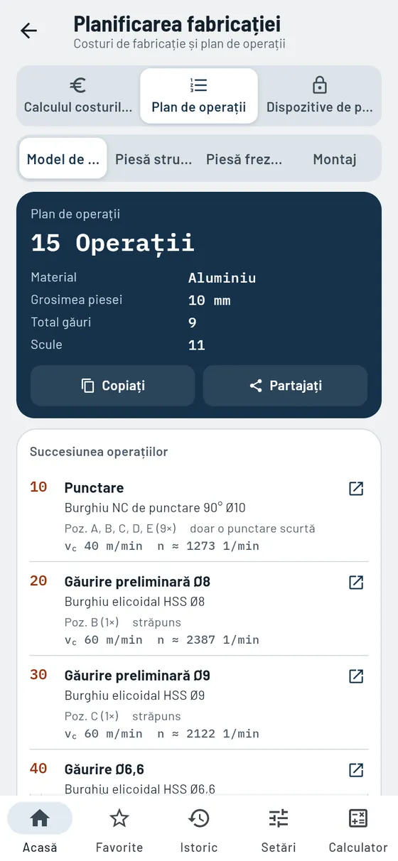 Gesello: Planificarea fabricației – Plan de operații model de găuri