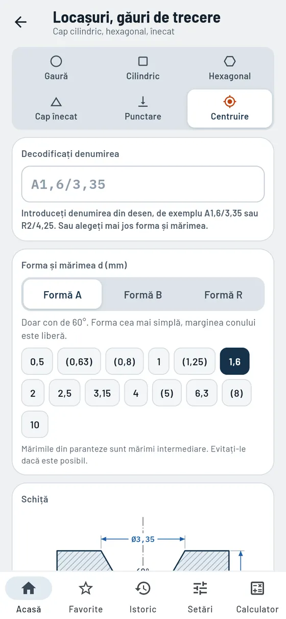 Gesello: Locașuri și găuri de trecere – Gaură de centrare