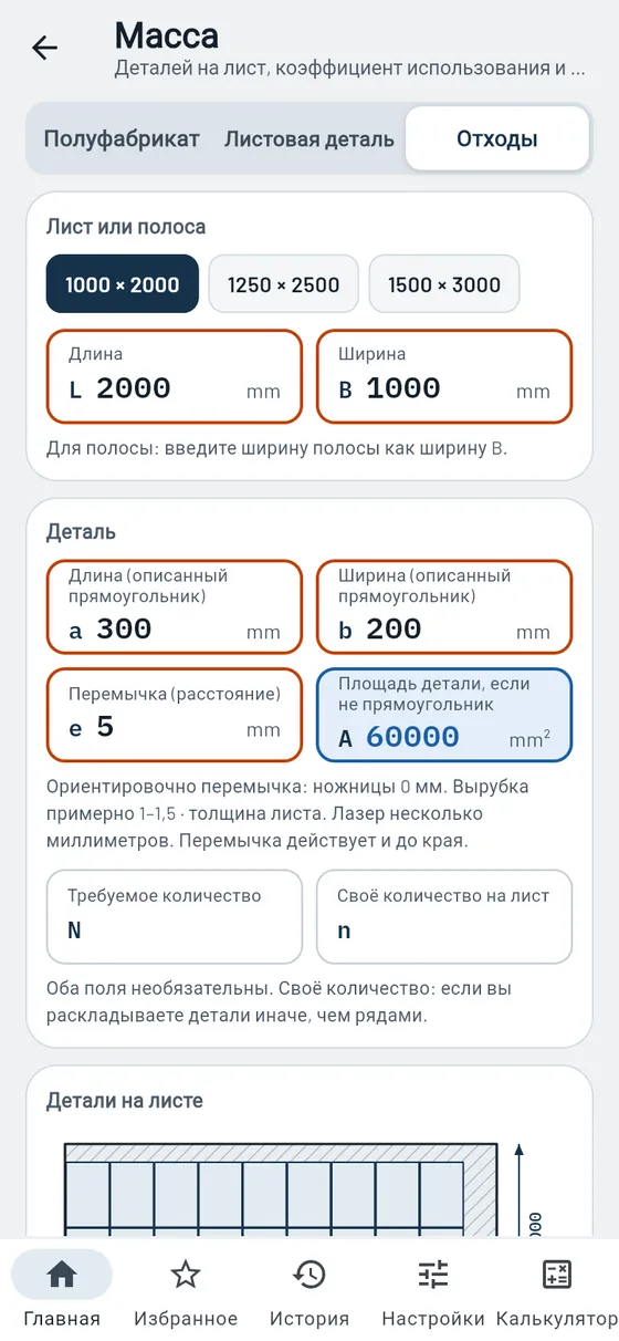 Gesello: Масса — отходы при раскрое листа