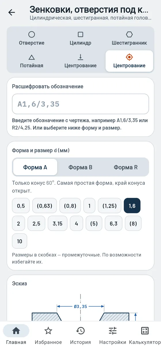 Gesello: зенковки, цековки и отверстия под крепёж — центровое отверстие
