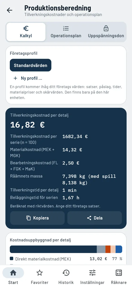 Gesello: Produktionsberedning – Tillverkningskostnad
