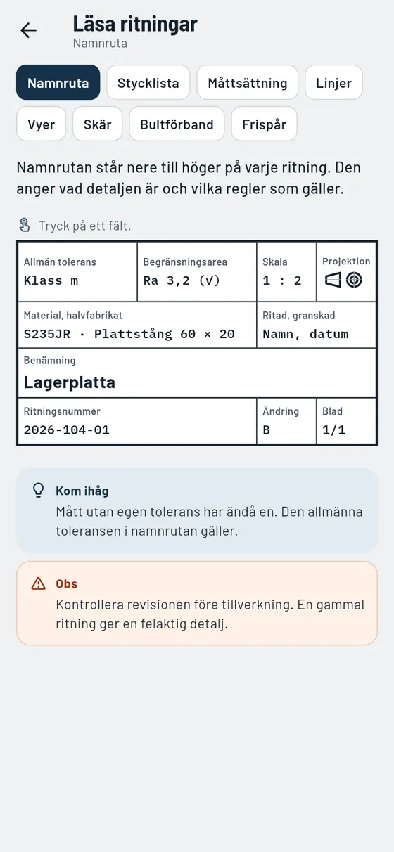 Gesello: Ritningssymboler – Läsa namnrutan