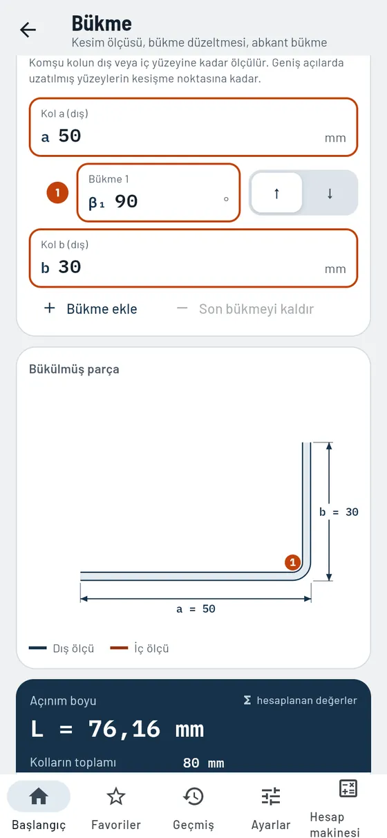 Gesello: Bükme – Bükme parçası kesim ölçüsü