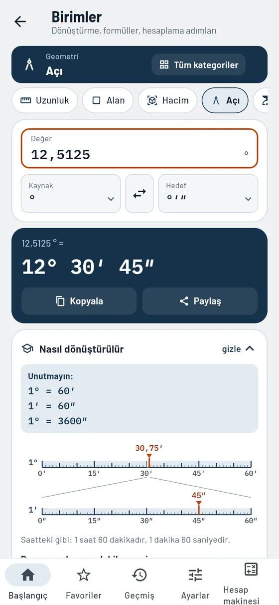 Gesello: Birimler – Derece, dakika, saniye cinsinden açı