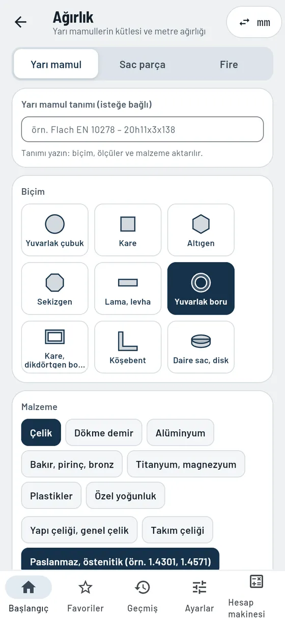Gesello: Ağırlıklar – Paslanmaz çelik boru