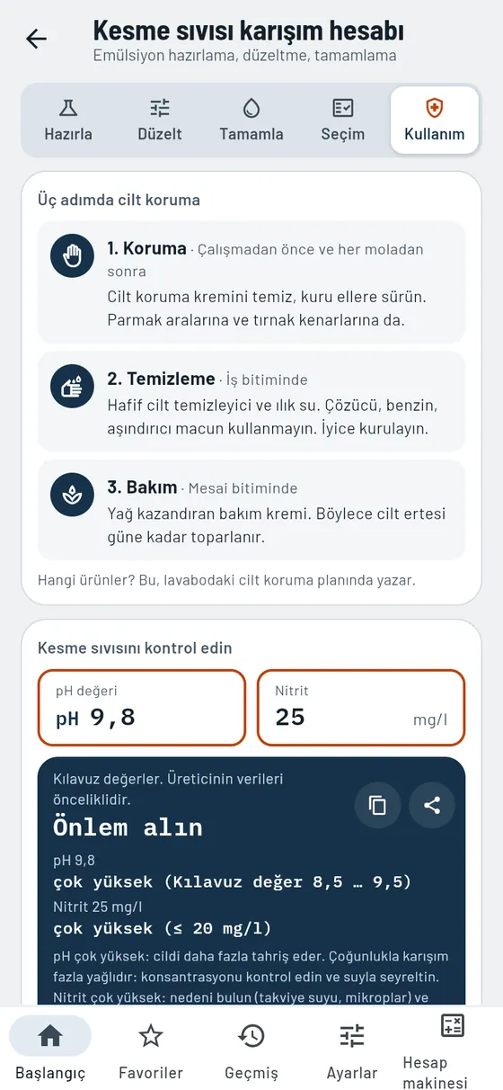 Gesello: Kesme sıvısı – Bakım ve kontrol değerleri