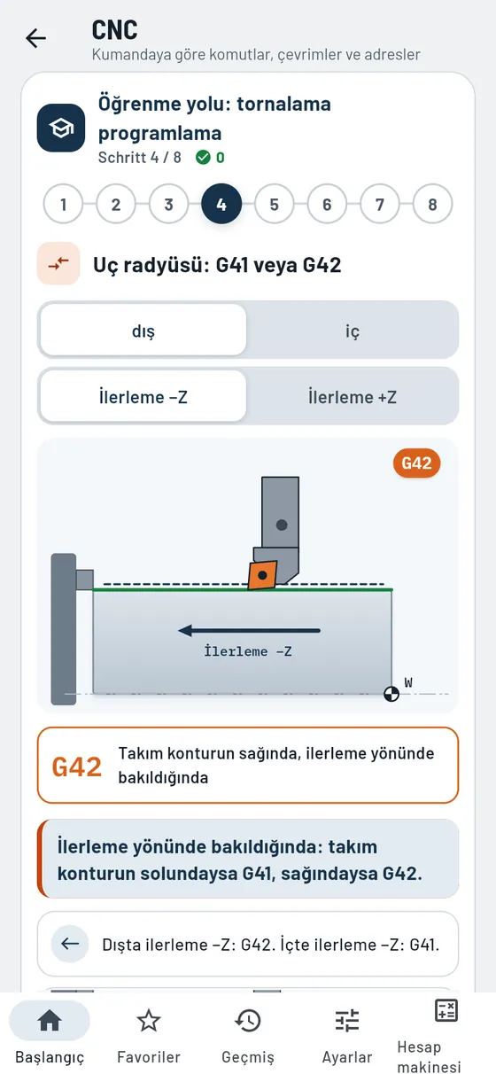 Gesello: tornalamada uç radyüsü telafisi G41 veya G42, dışta eksi Z yönünde ilerleme