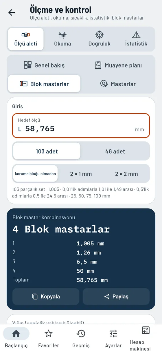 Gesello: ölçme ve muayene – blok mastar kombinasyonu
