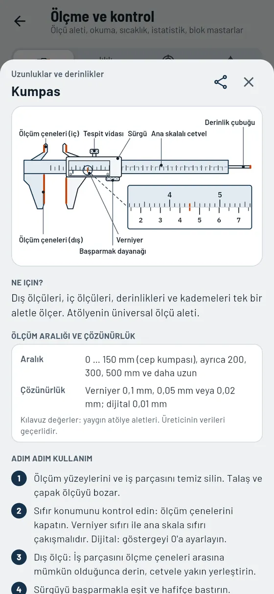 Gesello: ölçme ve muayene – ölçü aleti: kumpas