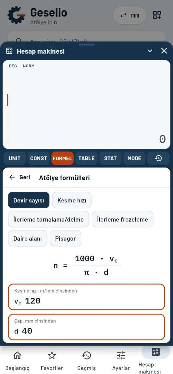Hesap makinesi: atölye formülleri