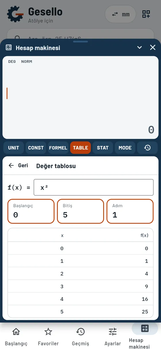 Hesap makinesi: değer tablosu