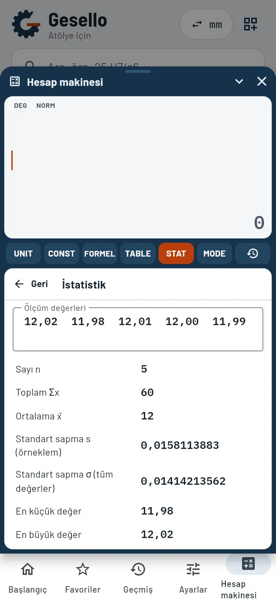 Gesello: Hesap makinesi – İstatistik