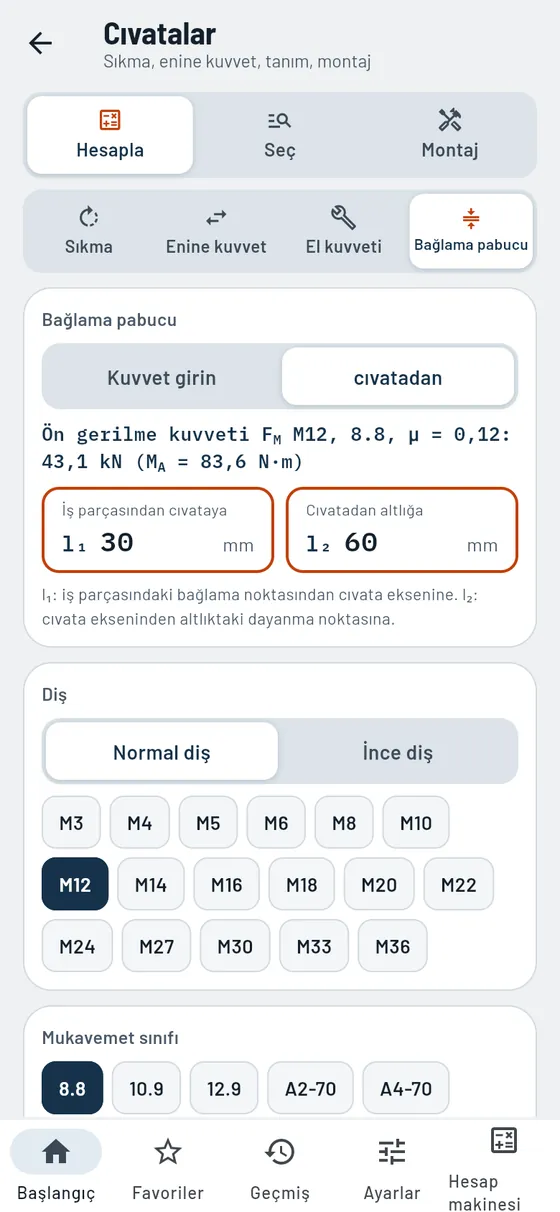 Gesello: cıvatalar – sıkma boyu ve kuvvetler