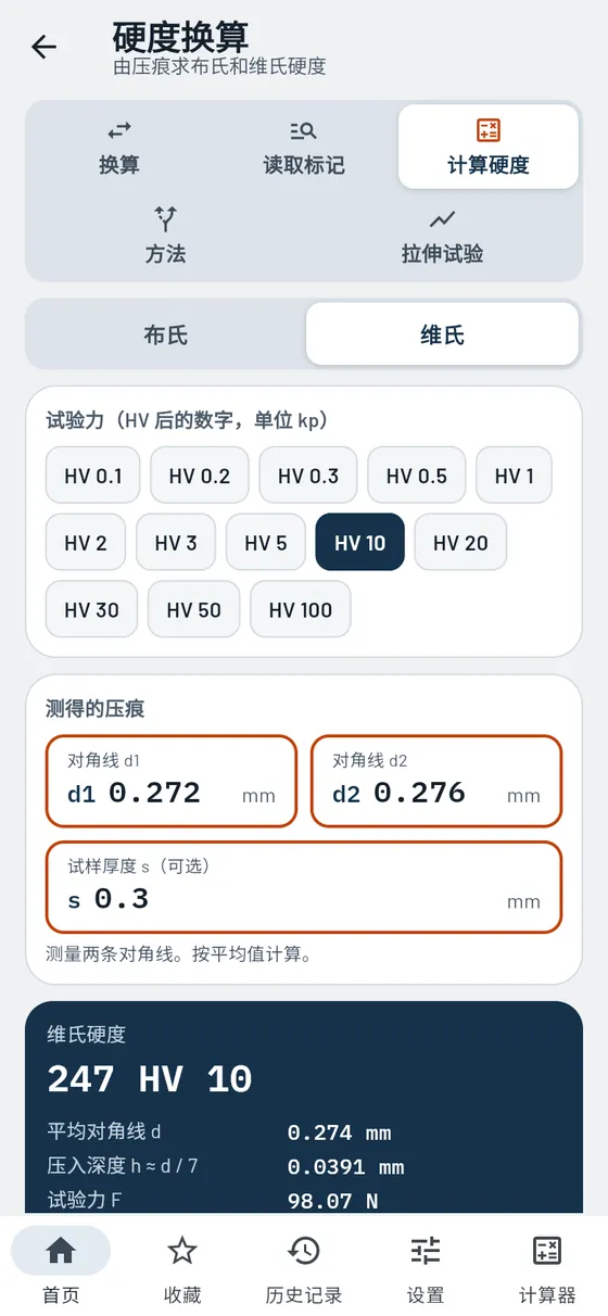 Gesello：硬度换算 – 由测量值求维氏硬度
