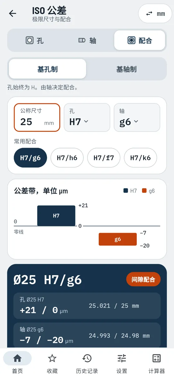 Gesello：ISO 配合 25 H7/g6，含极限尺寸、间隙和公差带